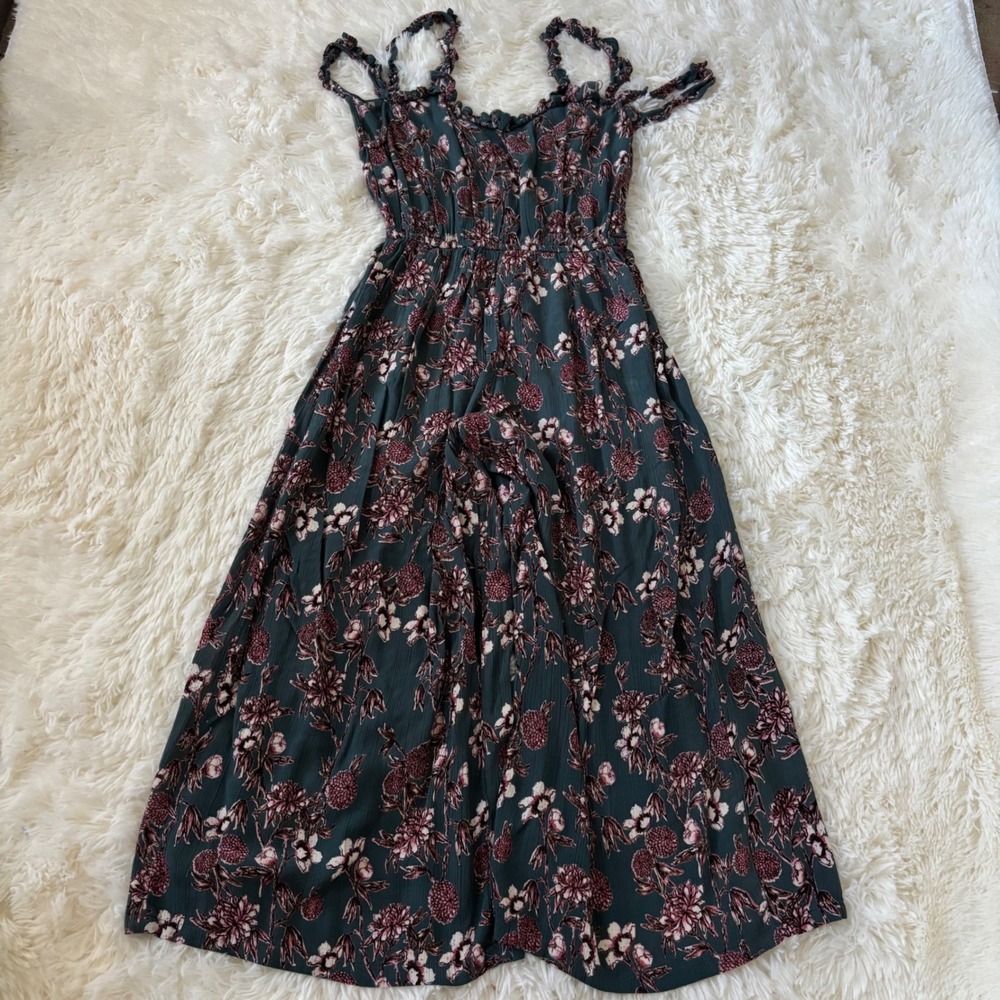 Angie Floral Wide Leg Jumpsuit Teal Pink Smocked Waist Boho Rayon Small